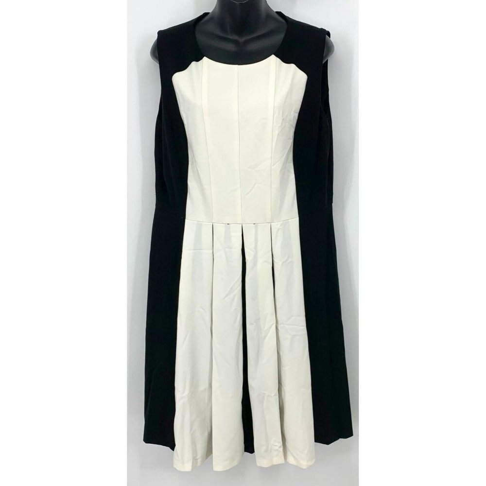 Calvin Klein Dress Size 16 Black White Color Block Pleated Sleeveless Women New